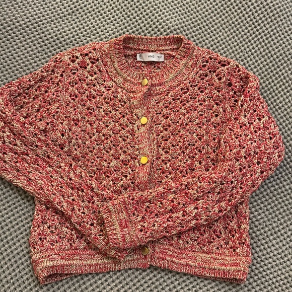 Mango Sweaters - Beautiful metallic and red crochet mango cardigan with gold buttons. NWOT XS